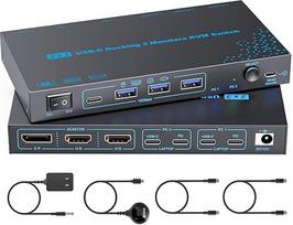 USB C KVM jungiklis 2 kompiuteriams, 3 monitoriams, nešiojamųjų kompiuterių KVM jungiklis, 4K@60Hz trijų monitorių KVM jungiklis su PD įkrovimo funkcija, skirtas 2 kompiuteriams, 3 ekranams (2 HDMI + 1 DP), nereikia tvarkyklės