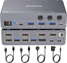 USB C KVM jungiklis 4K @ 60Hz, dviejų monitorių KVM jungiklis 2 kompiuteriams ir 1 nešiojamajam kompiuteriui su EDIDEmulation, 4 USB 3.0 prievadai, PD maitinimo šaltinis nešiojamajam kompiuteriui, kabelinis nuotolinio valdymo pultas, pridedamas USB kabeli