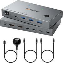 USBC dviejų monitorių KVM jungiklis 4K @ 60Hz, USBC KVM jungiklis 2 nešiojamiesiems kompiuteriams, 2 monitoriams ir 4 USB 3.0 įrenginiams, 100 W PD 2 nešiojamiesiems kompiuteriams su nuotolinio valdymo pultu ir USB kabeliu