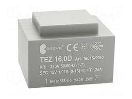 Transformer: encapsulated | 16VA | 230VAC | 15V | 1066.6mA | IP00 | 420g