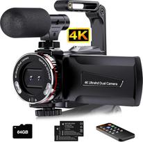 Vaizdo kamera 4K 64MP vaizdo kamera, 21X skaitmeninis priartinimas, 3 colių 270° kampu pasukamas ekranas, dviguba vaizdo kamera su 64GB kortele, mikrofonu, stabilizatoriumi, nuotolinio valdymo pultu, 2 baterijomis