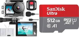 Veiksmo kamera, 4K 30 kadrų per sekundę Ultra HD, 30 m 100 pėdų vandeniui atsparus povandeninis fotoaparatas ir "SanDisk Ultra Android microSDXC UHS-I" atminties kortelė 512GB + adapteris