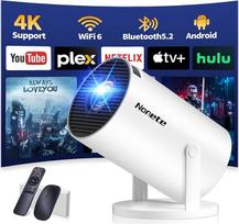 Vidéoprojecteur 1080P FHD Mini projektorius Video 4K su WiFi 6 BT5.2 Android TV, nešiojamasis projektorius, palaikantis 180° pasukimo korekciją HDMI/USB/PS5, integruota programėlė su HDMI ir Souris, Blan