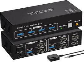 VPFET HDMI KVM jungiklis 2 kompiuteriai 2 monitoriai 4K60Hz KVM jungikliai Du monitoriai su 4 USB prievadais Palaiko kopijavimą ir išplėstinį ekrano bei darbalaukio valdymą Pridedami 2 USB 3.0 kabeliai