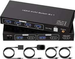 VPFET USB 3.0 KVM jungiklis HDMI 2 kompiuteriai 1 monitorius 4K60Hz KVM jungikliai, skirti 2 kompiuteriams dalytis 1 monitoriaus įrenginiais Palaiko stalinį valdiklį Pridedamas adapteris ir 2 USB 3.0 kabeliai
