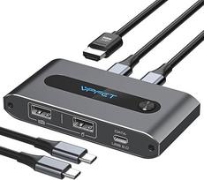 VPFET USB C KVM jungiklis 2 kompiuteriams 1 monitoriui HDMI 4 K 60 Hz KVM jungikliai dviems nešiojamiesiems kompiuteriams ir "Macbook" 100W PD, naudojami kartu su 1 komplektu, mauzoliejumi ir vienu atskiru monitoriumi (grau)