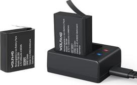 WOLFANG dvigubas įkroviklis su 2 x 1350 mAh baterijomis, USB-C įkrovimo stotelė, skirta GA100, GA120, GA200, GA300, SF230, EK7000 veiksmo kameroms