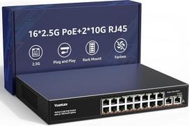 YuanLey 2.5G PoE komutatorius su 18 prievadų, 16x 2.5GbE PoE+ RJ45, 2x 10G RJ45 Uplink, 250W, kelių gigabitų tinklo komutatorius, nevaldomas, IEEE 802.3af/at, metalinis, be ventiliatoriaus, skirtas IP kameroms, "WiFi 6 AP", NAS