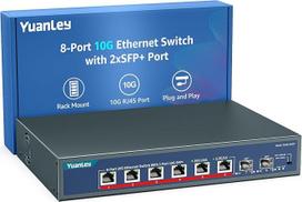 YuanLey 8 prievadų 10G Ethernet komutatorius, 6X 10Gb/s RJ45 prievadai, 2x 10Gbe SFP+ prievadai, palaiko 10G/5G/2.5G/1G/100Mb/s, 160Gb/s komutavimo pajėgumas, nevaldomas, montuojamas į stovą