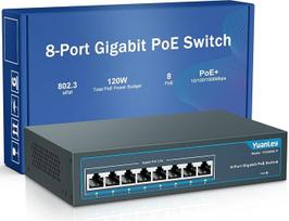 YuanLey 8 prievadų Gigabit PoE komutatorius, 8 PoE+ prievadai 1000Mbps, 120W 802.3af/at, metalinis, be ventiliatoriaus, nevaldomas, "Plug and Play