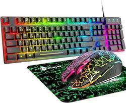 Žaidimų klaviatūra ir pelė RGB apšviesta ergonominė USB mechaninė žaidimų klaviatūra + 2400 DPI, 6 mygtukai, optinė vaivorykštės LED USB pelė + nemokami žaidimų pelės kilimėliai kompiuteriui PS4