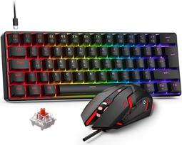 Žaidimų klaviatūros ir pelės rinkinys, 60 % kompaktiška JK išdėstymo mini klaviatūra su RGB apšvietimu ir raudonu jungikliu, laidinė USB C, ergonomiška 4 spalvų LED žaidimų pelė, nešiojamas rinkinys