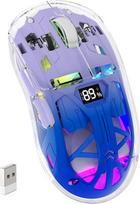 ZIYOU LANG x FREEWOLF belaidė žaidimų pelė, "PixArt PAW3212" dviejų režimų 2.4G/Bluetooth skaidri RGB apšvietimo pelė, 400 mAh akumuliatorius, 4000DPI, 5 lygiai, matomas akumuliatoriaus lygis - violetinė