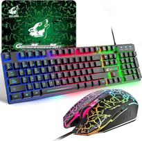 ZIYOU LANG T13 žaidimų klaviatūros ir pelės rinkinys [ispaniškas QWERTY išdėstymas], 104 klavišai su vaivorykštiniu LED apšvietimu, 2400 DPI pelė, įskaitant pelės kilimėlį, suderinamas su PS, PC, nešiojamuoju kompiuteriu, "Mac" - juodas