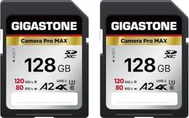 [5 metų galiojanti pigių duomenų sutartis] GIGASTONE 128GB SD kortelė, 4K Camera Pro MAX, A2 4K SDXC Speicherkarte, suderinama su Canon Nikon Sony Kodak Panasonic skaitmeniniais fotoaparatais -mit 2 Mini Case
