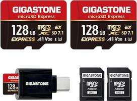 【Skirtas Switch 2】GIGASTONE microSDXC Express 128GB (2 vnt.), iki 880/500MB/s, suderinamas su Switch 2 ir profesionaliais fotoaparatais, A1 V30 U3, su 2 SD adapteriais ir 1 USB-C skaitytuvu