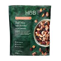 H&B TRAIL MIX WITH BENEFITS džiovintų vaisių, sėklų ir riešutų mišinys su kakava ir karamelė, 210 g
