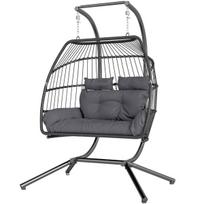 Pakabinamas krėslas su stovu, polyratan, ergonomiškas, tinka 2 asm., 260 kg, tamsiai pilkas
