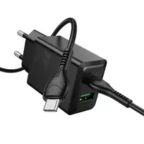 Hoco N71 travel charger | 30W | PD, QC | USB-C, USB-A | with USB-C to USB-C cable included | black