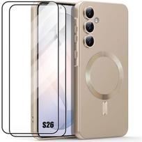 Dėklas, skirtas Samsung Galaxy S26, Anti-scratch silikoninis su auksiniu magnetiniu žiedu - 2 grūdinti stiklai