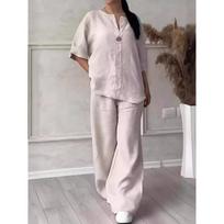 Fashion Solid 2 Piece Pant Sets Women Spring Autumn Buttons V-neck Long Sleeve T Shirt Wide Legs Trousers Two Piece Set Female XXXXXL abrikosas
