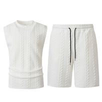 Men Solid Twisted Jacquard Casual Summer Round Neck Sleeveless Top Shorts Set S balta