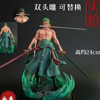 One Piece Roronoa Zoro Three Swords Style Dual Head Sculpture GK Statue 24cm Anime Figure Collectible Model no box
