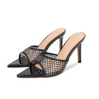 Women's high-end sheepskin, black grid rhinestone high-heeled slippers, thin heels, pointed open-toed high heels, not tiring to wear outside 34