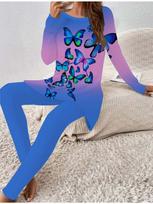 Euro-American Fashion 3D Butterfly Printed Women's  Four-season Long-sleeved T-shirt + Long Pants Two-piece Set. Perfect Gift for New Year & Christmas 1XL mėlyna