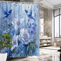 1 vnt. Mėlynų paukščių ir lelijų dušo užuolaida - Neužmirštuolių dizainas, Poliesteris, 70,8x70,8 , 12 kabliukų, Skalbiamoji, Elegantiškas vonios dekoras W90XH180cm gray