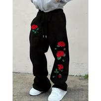 Men's Casual Sports Pants, Rose Patterned Printed Sports Pants, Drawstring Casual Comfortable Pants M black