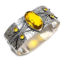 Citrine Gemstone Handmade 925 Sterling Silver Cuff Bangle Adjustable m5Y23