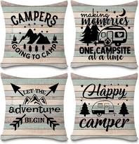 Happy Camper Pillow Cases Vintage Rustic Wood Background Inspirational Quotes Home Outdoor Decorative Cushion Cover Set of 4 12x12Inch