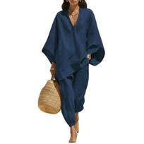 Women 2 Piece Sets Batwing Long Sleeve V Neck Top And Cropped Pants Sets Summer Vacation Lounge Outfits with Pockets XL tamsiai mėlyna spalva