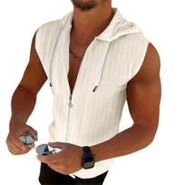 Men Hooded Zip-up T-Shirt Jacquard Sleeveless Hoodie Tee Stylish Textured Summer Tank Top for Gym Street Party Holiday S abrikosas