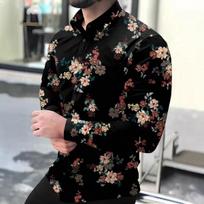 Men Fashion Casual Loose Long Sleeve 3d Floral Print Shirt S juoda