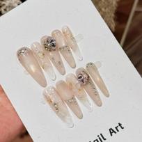 Long Stiletto Press On Nails, Nude Cat Eye Nails with Luxury Rhinestone & Gold Foil, Handmade Nails for Women XS