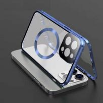 Dėklas iPhone 16 15 Pro Max 14 Plus, su dvipusiais magnetiniais grūdinto stiklo dėklais, Magsafe belaidžio įkrovimo magnetinės adsorbcijos metaliniu rėmeliu iPhone 14 Pro Max mėlyna
