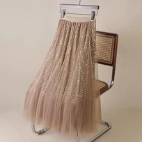 French Fashion Mesh Sequin Flare Skirt Women High Waist Slim Midi Spring Summer S kava