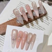 10Pcs Handmade Nude Pink Cat Eye Fake Nails with Cross  & Sparkly Accents XS