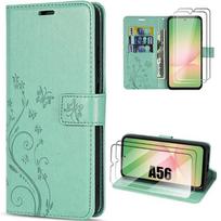 Case for Samsung Galaxy A56 5G - BOOLING - Anti-Scratch PU Leather Pattern Flower Butterfly Green - 2 Tempered Glasses žalia