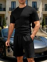 Men Casual Summer Jacquard Short Sleeve Top And Shorts Set S juoda