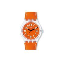 Swatch Kvarcinis Mechanizmas 30M Atsparus Vandeniui Laikrodis 44Mm Oranžinis Ciferblatas Plastikinis Korpusas Odinis Dirželis Unisex Laikrodžiai SUDK102 Orange