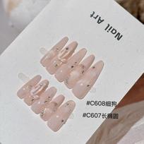 10Pcs Handmade Nude Pink Fake Nails with 3D Bow & Rhinestone Accents C607