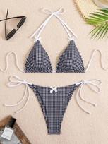 Sexy Bikini 2025 Swimwear Women's Swimsuit Butterfly Decor Checked Halter Thong Bikinis Sets Swimming for Beachwear Bathing Suit S juoda