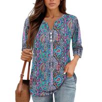 3/4 Length Sleeve Women's Tops Print Vintage Fashion Casual Loose With V Neck Plus Size Shirts Tops L mėlyna