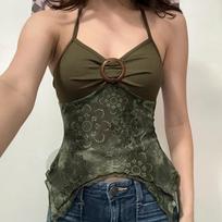 Women Summer Halter Neck O Ring Buckle Floral Print Mesh Patchwork Slim Fit Camisole Top S