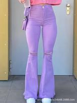 Light Purple Elastic Flare Ripped Denim Pants L/8-10 šviesiai violetinė spalva