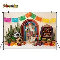 Mocsicka Mexican Fiesta Backdrop Photography Cactus Pinata Papel Picado Background  Taco Party Kids Birthday Photoshoot Studio Cotton-150x100cm