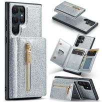 Skirtas „Samsung Galaxy S22 S21 S20 Note 20 Ultra Blizgantys miltelių piniginės dėklas“ Magnetinis padalintas dėklas, odinis piniginės kortelės „Solt“ maišelio dėklas Note 20 Ultra sidabras